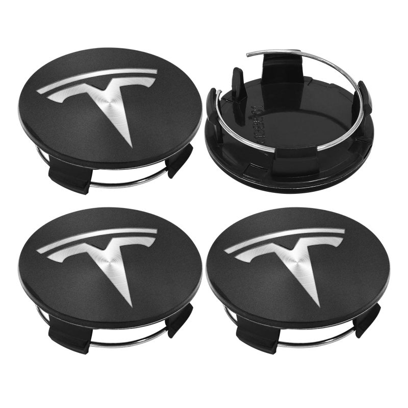 Knomix 4 عبوات من غطاء مركز عجلة الديكور الخارجي لطراز Tesla 3 Model Y، 56 مم Hubcaps عجلة حافة غطاء Tesla Center Caps Hubcaps + 22 غطاء صواميل أسود (أسود غير لامع + شعار فضي) - Image 2